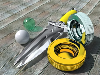 Sharp Tactical Knife on Wooden Surface with Green White Balls and Yellow Silver Rings 3d model