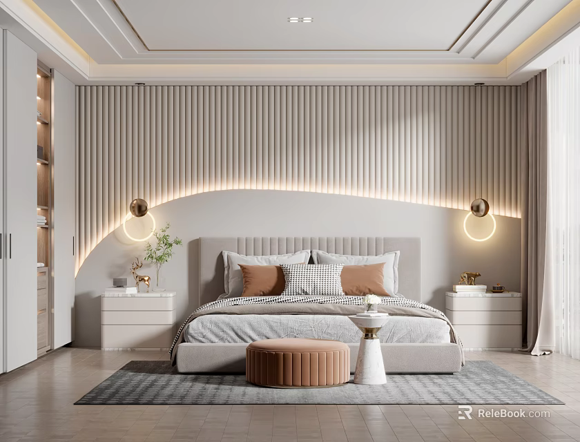Modern Bedroom Interior With Striped Wall Arched Lighting Bedside Lamps Pillows Round Ottoman And Rug 3d model 