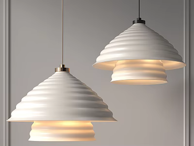 Two White Ribbed Pendant Lights Lit In Contemporary Gray Room Interior 3d model