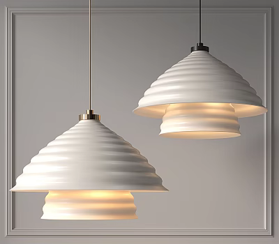 Two White Ribbed Pendant Lights Lit In Contemporary Gray Room Interior 3d model