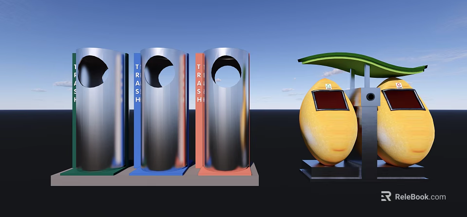 Modern Public Facilities With Colored Trash Bins And Yellow Egg Shaped Kiosk 3d model 