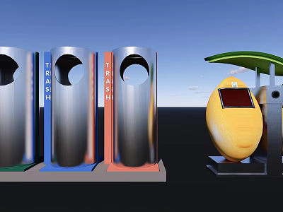 Modern Public Facilities With Colored Trash Bins And Yellow Egg Shaped Kiosk 3d model