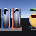 Modern Public Facilities With Colored Trash Bins And Yellow Egg Shaped Kiosk