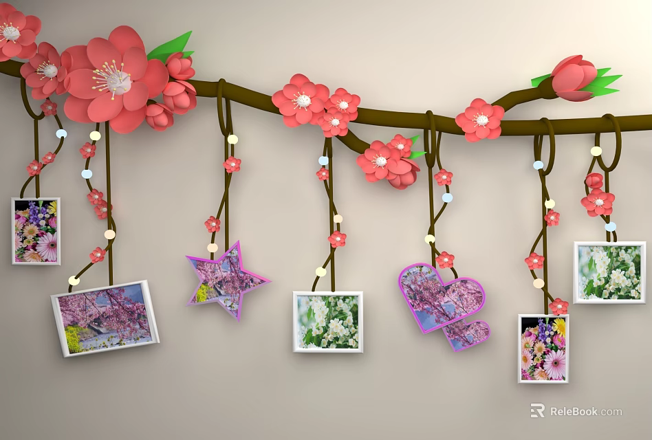 Photo Wall With Cherry Blossom Branches Star Heart Shaped Ornaments Hanging Photos And String Lights 3d model 