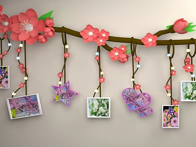 Photo Wall With Cherry Blossom Branches Star Heart Shaped Ornaments Hanging Photos And String Lights 3d model