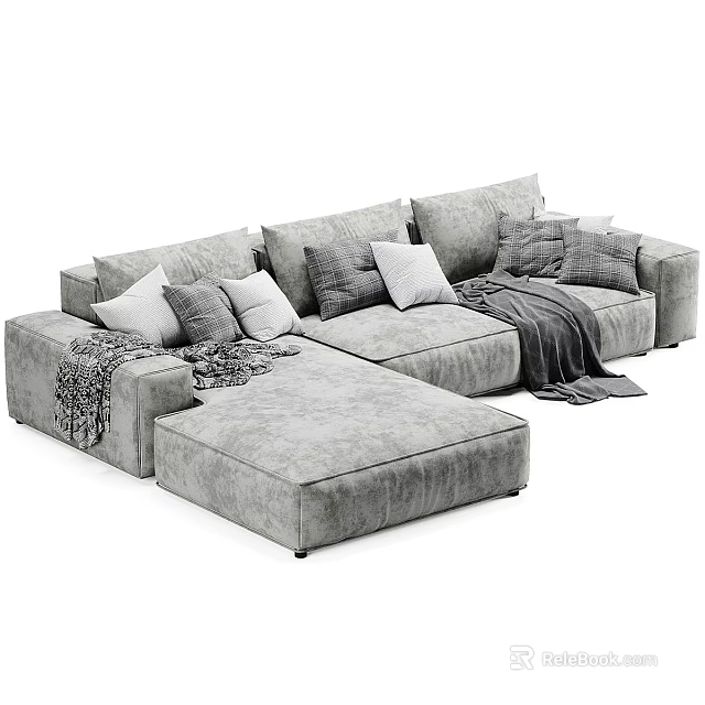 Gray L shaped Sectional Sofa With Multiple Cushions And Throw Blanket 3d model