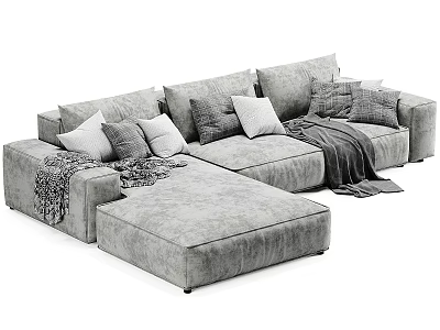 Gray L shaped Sectional Sofa With Multiple Cushions And Throw Blanket 3d model