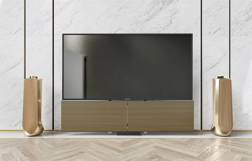 Modern Luxury TV Background with White Marble Wall Black TV Golden Speakers and Wooden Floor 3d model 