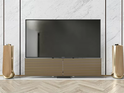 Modern Luxury TV Background with White Marble Wall Black TV Golden Speakers and Wooden Floor 3d model