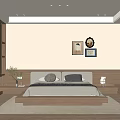 Modern Bedroom With Beige Walls Wooden Bed Frame Wall Art And Round Mirror