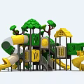 Playground Equipment With Green And Yellow Slides Tree Shaped Decorations Cabin Design And Climbing Structures