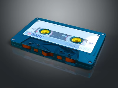 BASF Blue Cassette Tape Electronic Audio Storage Device With Yellow Reels And Orange Slots 3d model