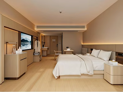 Hotel Guest Room Interior With White Bed TV Desk And Wooden Nightstands 3d model