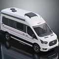 Modern White Ford Van RV With Black Roof Equipment And Red Side Stripes Design