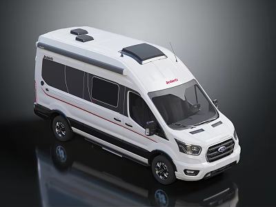 Modern White Ford Van RV With Black Roof Equipment And Red Side Stripes Design 3d model