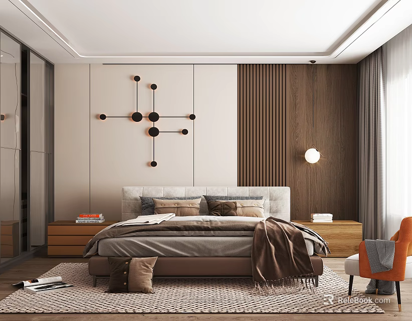 Modern Bedroom Interior With King Bed Wooden Accent Wall And Geometric Wall Art 3d model 