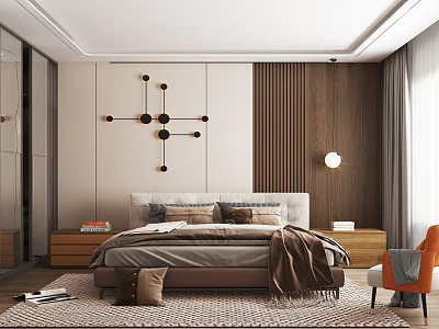 Modern Bedroom Interior With King Bed Wooden Accent Wall And Geometric Wall Art 3d model