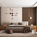 Modern Bedroom Interior With King Bed Wooden Accent Wall And Geometric Wall Art