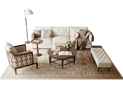 Beige Sofa and Wooden Coffee Table Set with Accent Chair Patterned Rug and Floor Lamp 3d model