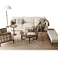 Beige Sofa and Wooden Coffee Table Set with Accent Chair Patterned Rug and Floor Lamp