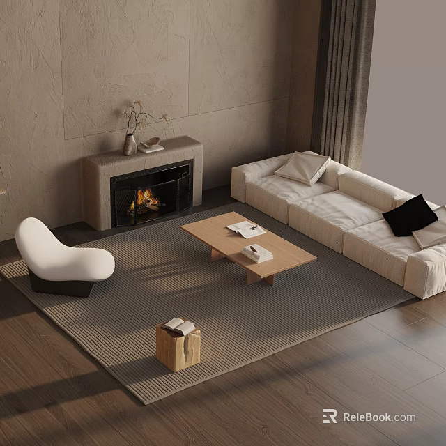 Beige Sofa And Wooden Coffee Table Set In Modern Living Room With Fireplace And Neutral Rug 3d model 
