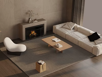 Beige Sofa And Wooden Coffee Table Set In Modern Living Room With Fireplace And Neutral Rug 3d model