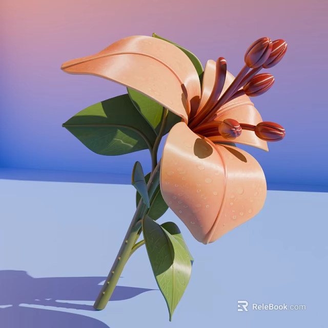 Realistic Orange Lily Flower With Green Leaves Water Droplets On Gradient Blue Pink Background 3d model 