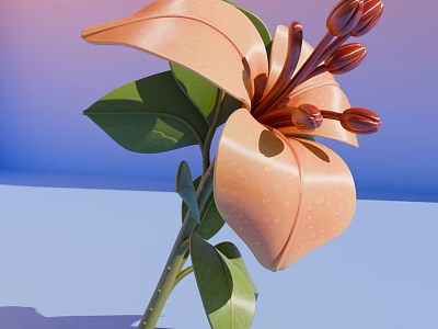 Realistic Orange Lily Flower With Green Leaves Water Droplets On Gradient Blue Pink Background 3d model