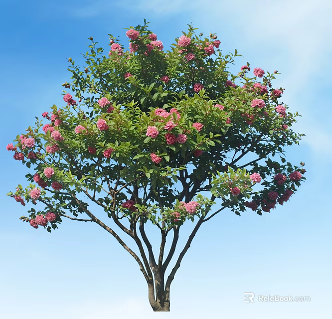 Tall Tree With Abundant Pink Flowers Green Leaves Against Clear Blue Sky 3d model 
