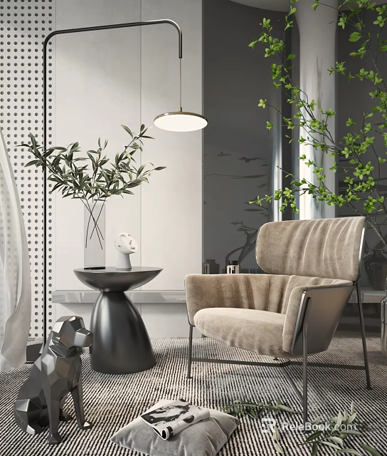 Modern Single Sofa in Beige Fabric with Round Side Table Greenery Vase and Pendant Light 3d model 