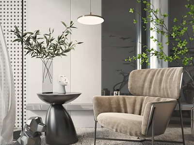 Modern Single Sofa in Beige Fabric with Round Side Table Greenery Vase and Pendant Light 3d model