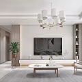 Modern Living And Dining Room Interior With Sofa Coffee Table TV Unit And Chandeliers