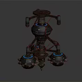 Vintage Industrial Mechanical Device With Metal Frame Blue Ringed Spherical Components and Intricate Mechanical Details