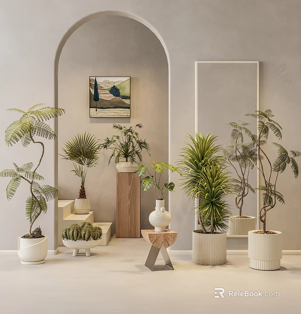 Modern Indoor Bonsai Potted Plants With Various Greenery Steps And Wooden Stand 3d model 