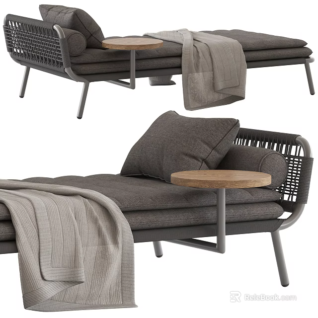 Comfortable Gray Ottoman With Woven Backrest Cushions Wooden Small Round Table And Draped Blanket 3d model 