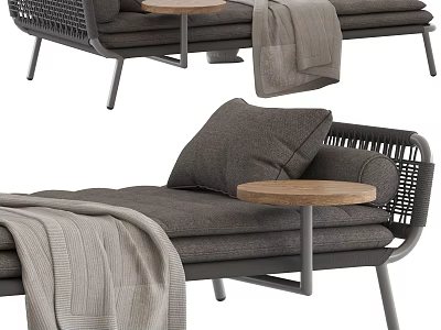Comfortable Gray Ottoman With Woven Backrest Cushions Wooden Small Round Table And Draped Blanket 3d model
