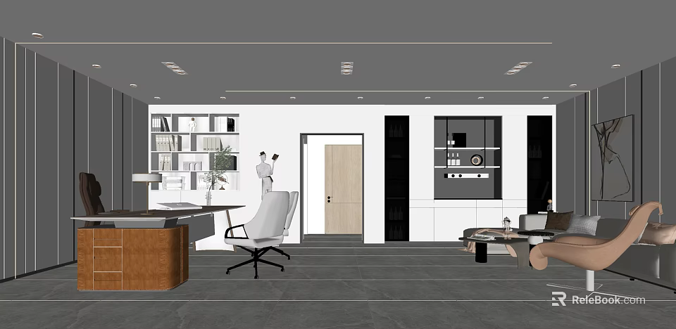 Modern Office Interior Design With Wooden Desk White Chair Bookshelves And Cabinets 3d model 