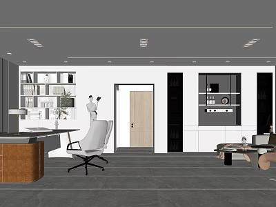 Modern Office Interior Design With Wooden Desk White Chair Bookshelves And Cabinets 3d model