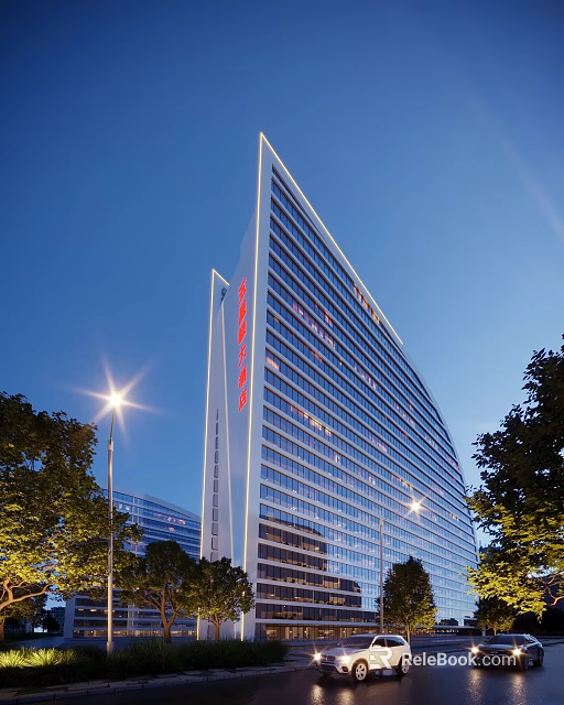 Modern High Rise Residential Building With Glass Curtain Walls Night Lighting And Trees 3d model 