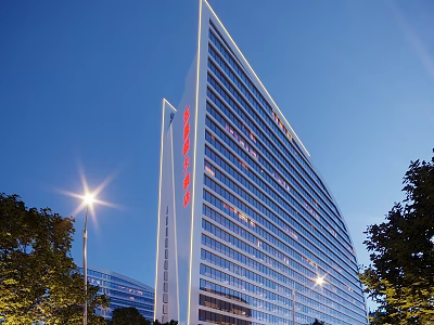 Modern High Rise Residential Building With Glass Curtain Walls Night Lighting And Trees 3d model