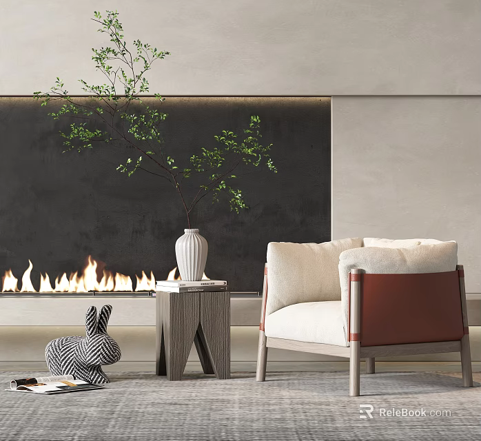 Elegant Accent Chair In Living Room With Fireplace Small Table Green Plant And White Vase 3d model 