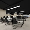 Modern Public Office Space With Desks Computers Chairs Black Ceiling And Linear Lights 3d model