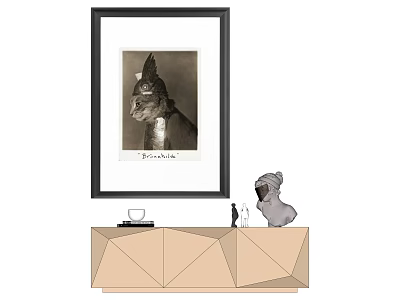 Framed Animal Painting of Elegant Greyhound Above Light Wood Cabinet with Decorative Items 3d model