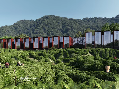 Scenic Tea Garden Landscape With Trimmed Bushes Distant Mountains Red Buildings And Glass Structures 3d model