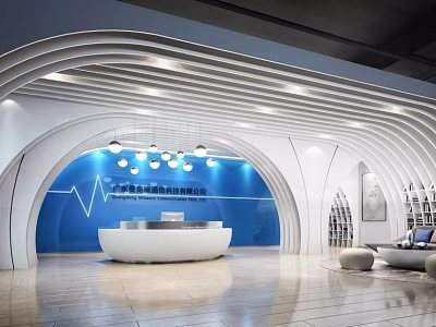 Modern Reception Desk Interior With Curved White Decor Blue Backdrop And Pendant Lights 3d model