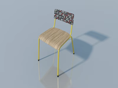 Modern Stylish Chair With Yellow Metal Legs Wooden Seat And Colorful Patterned Backrest 3d model