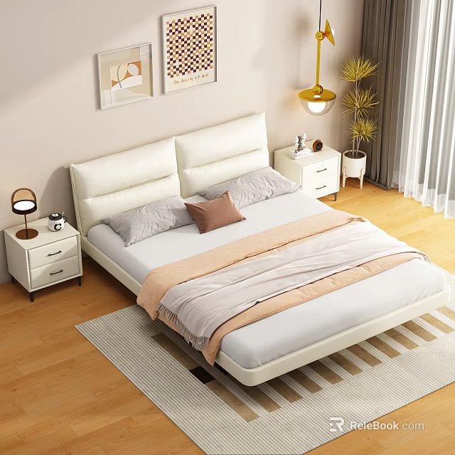 White Upholstered Double Bed With Gray Brown Pillows Light Blanket And White Nightstands Table Lamps 3d model 