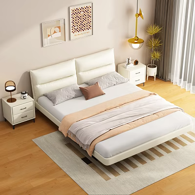 White Upholstered Double Bed With Gray Brown Pillows Light Blanket And White Nightstands Table Lamps 3d model