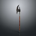 Medieval Battle Axe With Carved Wooden Handle And Curved Metal Blade Design