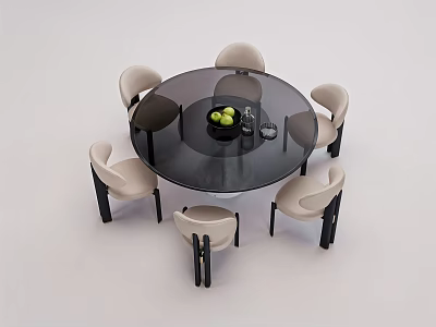 Round Glass Top Dining Table Set With Beige Chairs Black Legs And Fruit Bowl 3d model